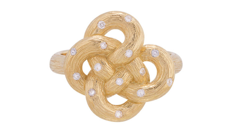 8 ANELL D’OR GROC DE 18 QUIRATS EN FORMA DE 4 LLAÇADES AMB DIAMANTS BLANCS PVP. 1.962€