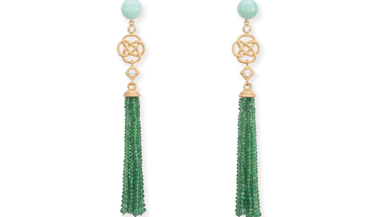 9 arracades d’or groc de 18 Q amb briolette de tsavorites, esferes de jade i diamants blancs PVP.11.572€