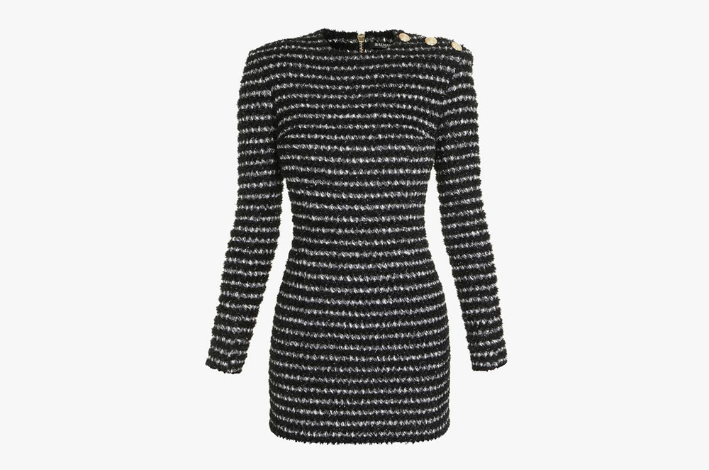 Mini vestit de ratlles negres i blanques en tweed de BALMAIN